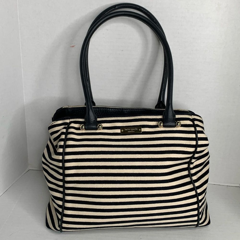 Kate Spade black/white striped canvas leather satchel bag